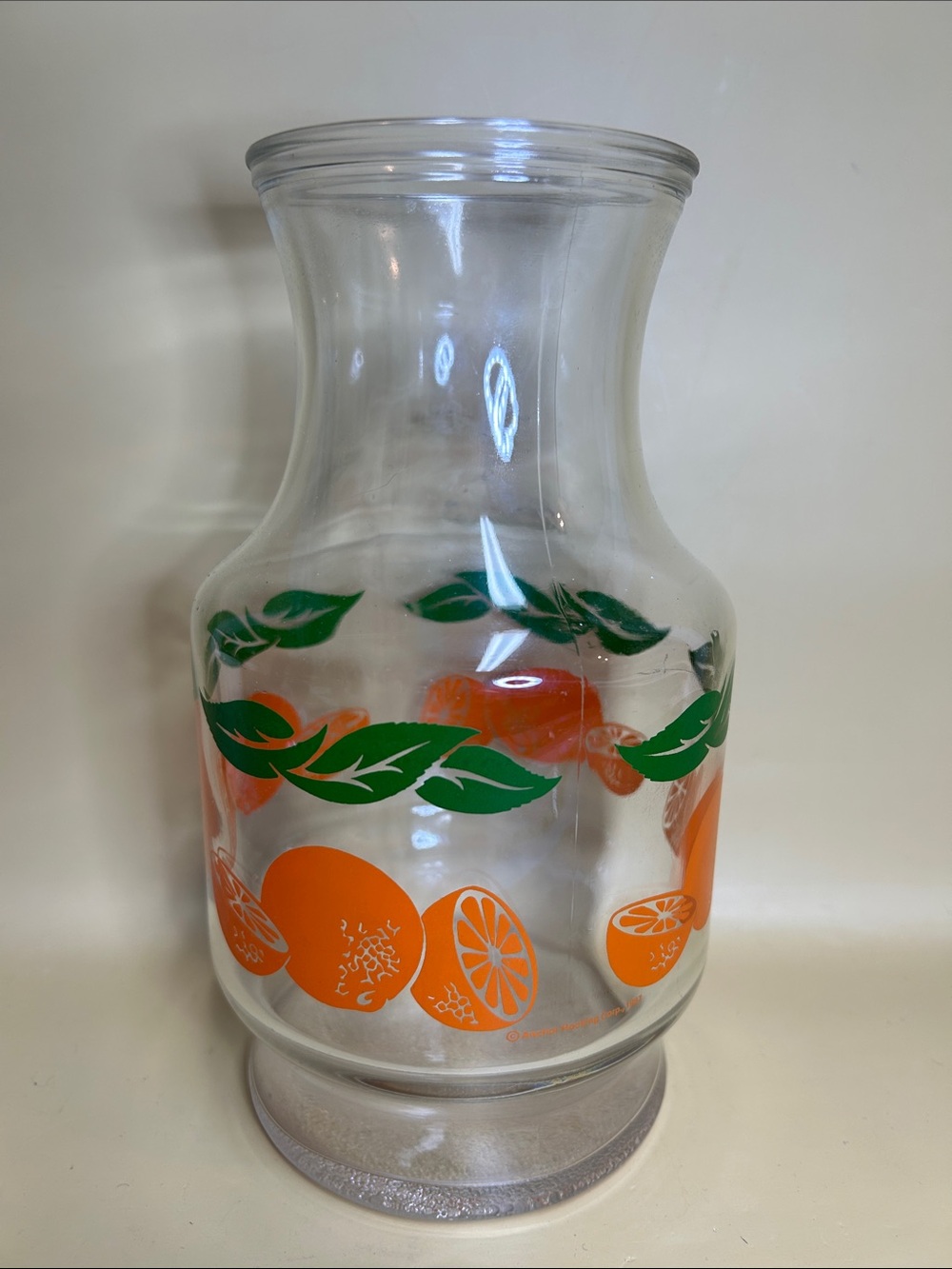 Vintage Anchor Hocking Orange Juice Carafe Tang 1 1/2 Qt. Oranges & Leaves 1987